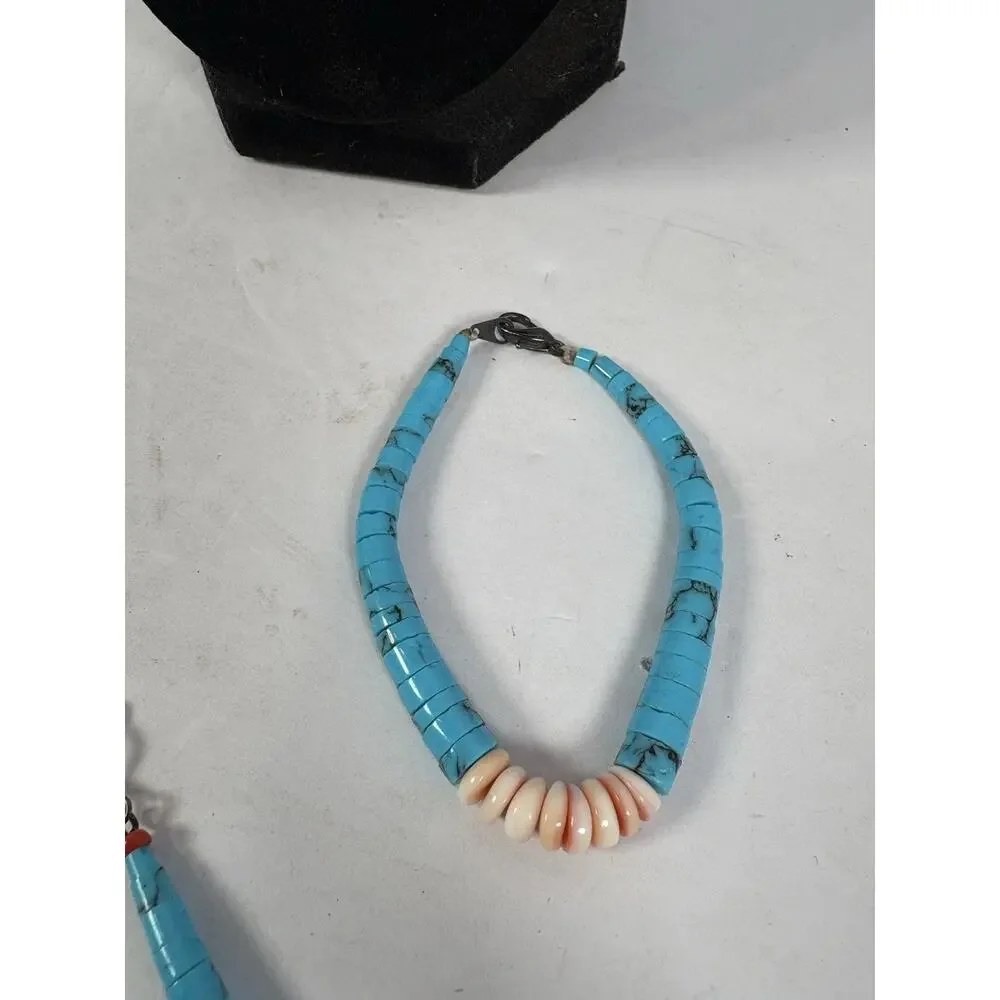Block Turquoise and Coral Graduated Heishi Necklace, Bracelets And Earrings Set - Picture 4 of 15